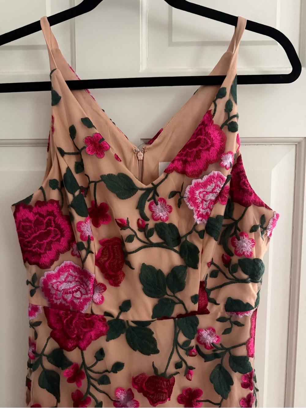 Sam Edelman Strapless Floral Dress in Nude with Pink & Green Embroidery